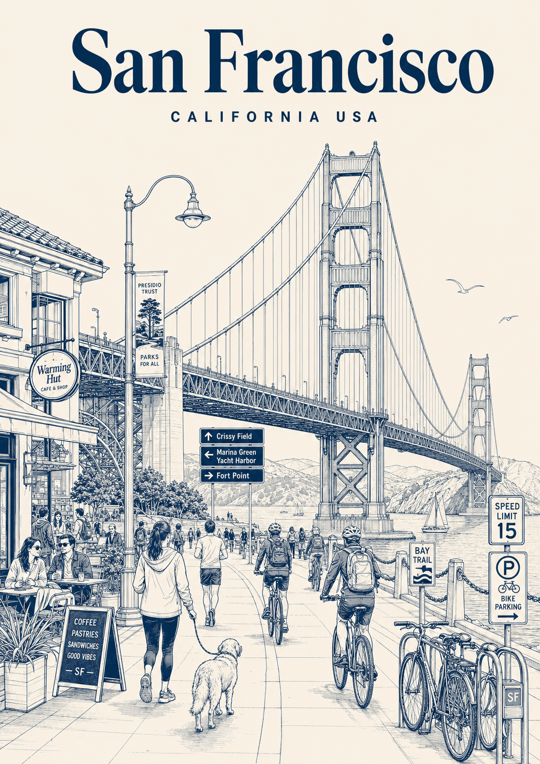 Illustration of San Francisco — Golden Gate Bridge from Crissy Field with the Warming Hut, cyclists and a dog walker